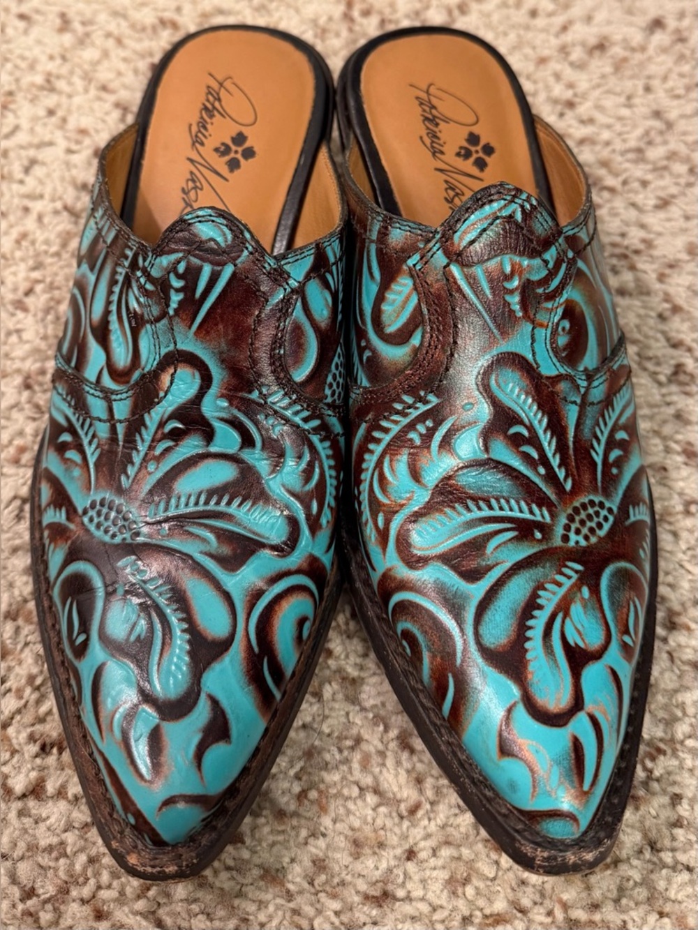 Patricia Nash Tooled Leather Pointed Toe Mules, Brown/Turquoise, Size 5.5 - Picture 4 of 9